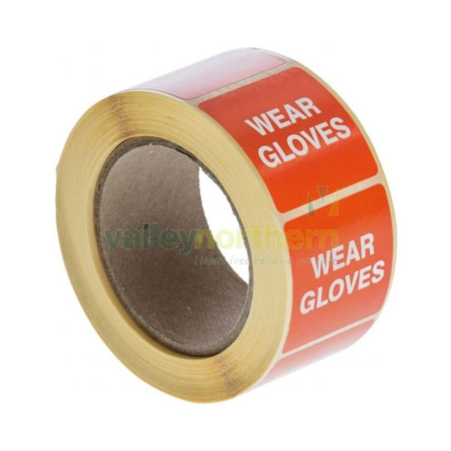 Roll of 500 orange "Wear Gloves" labels in size 36x36mm