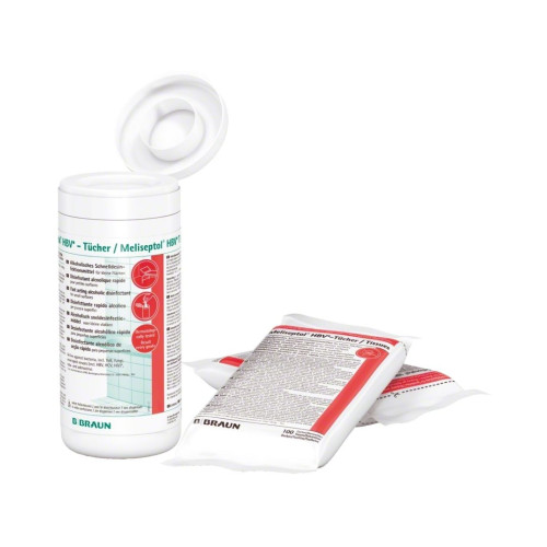 Dispensing tube box of Meliseptol HBV wipes next to a refill pack of wipes